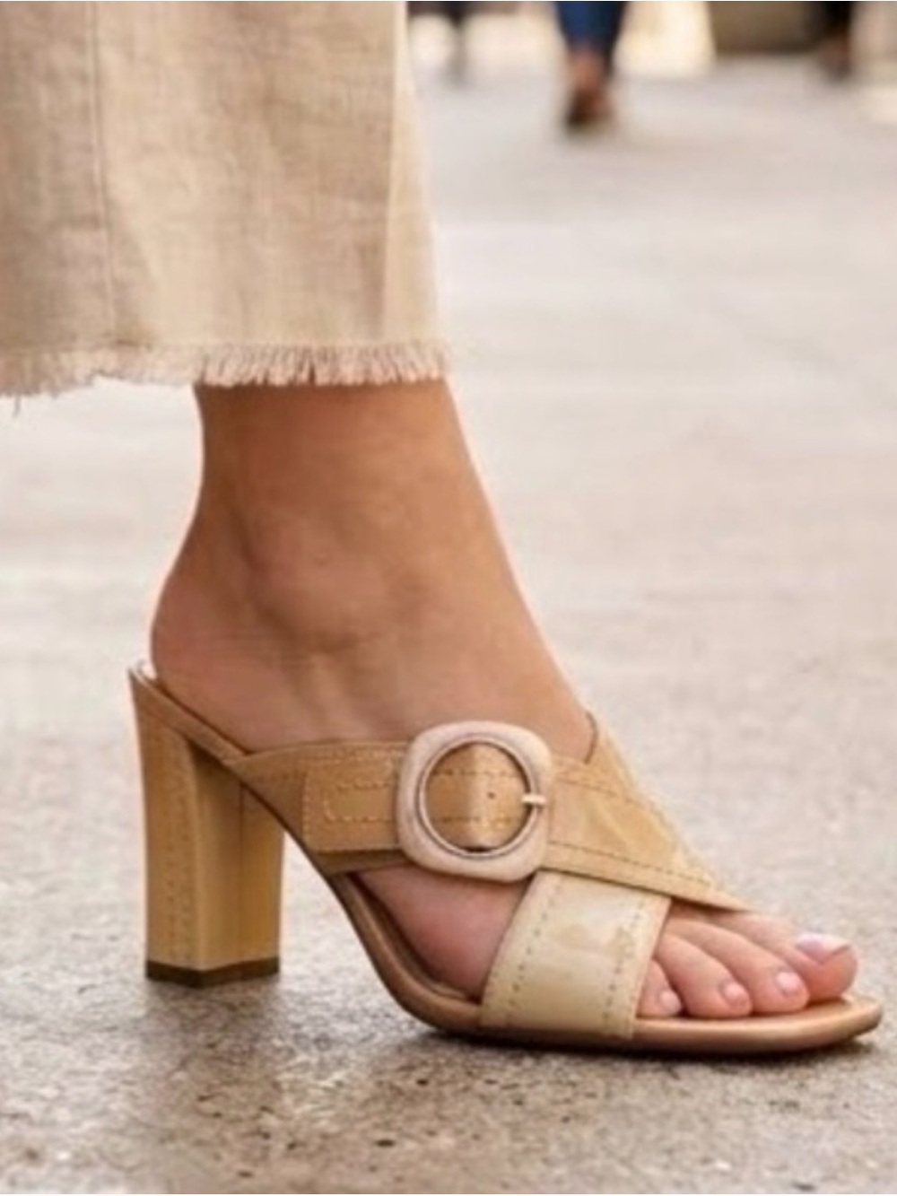 Franco Sarto Two-Tone Tan Block Heel Slide Sandals with Buckle